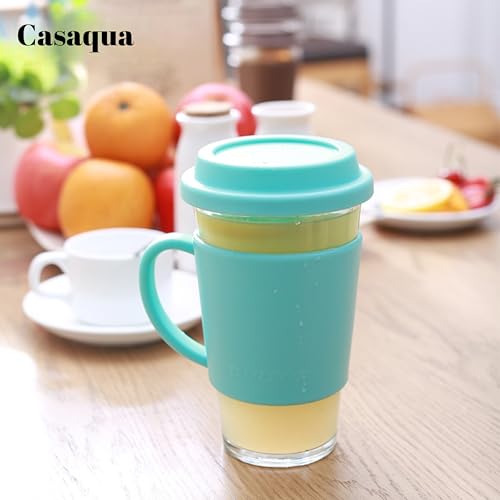 Image of Glass Coffee Travel Mug with Silicone Sleeve & Lid - 400ml, Set of 1, Reusable Clear Glass Coffee Cup with Handle, Leak-Resistant Portable Tea Mug for Hot & Cold Drinks, Office & Home