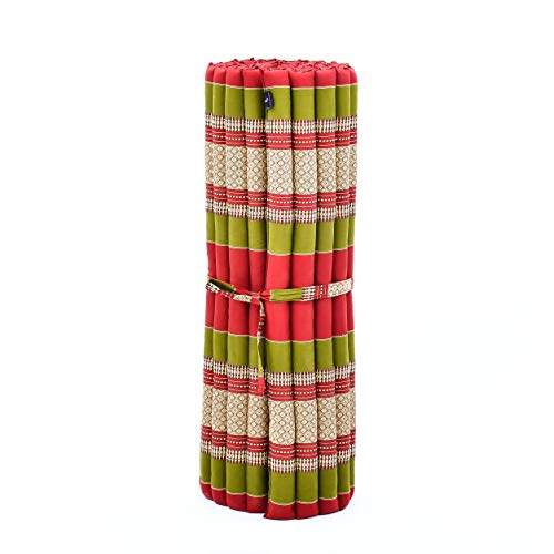 Image of Leewadee - Kapok Roll Mat - Handcrafted Folding Sleep & Relaxation Mattress from Thailand, Ideal as Guest Bed, Camping Mat, Yoga Mat or Traditional Futon, 75 x 39 inches, Green Red