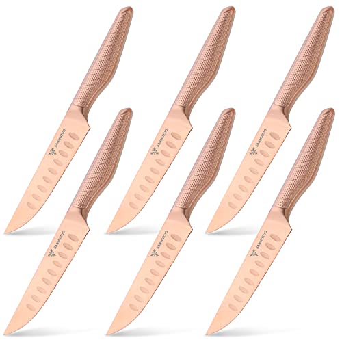 SANMUZUO Cuchillo de Carne de 6 Piezas, Cuchillos de Mesa, Juego de Cuchillos de Cocina, Cuchillos de Bistec con Acero Alemán de alto Carbono, Mango Ergonómico, Serie Zhen(Oro rosa)