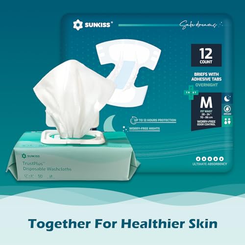 SUNKISS TrustPlus Overnight pieluchy dla dorosłych o najwyższej chłonności, majtki na nietrzymanie moczu unisex z zakładkami dla mężczyzn i kobiet, kontrola zapachu, M, 12 sztuk