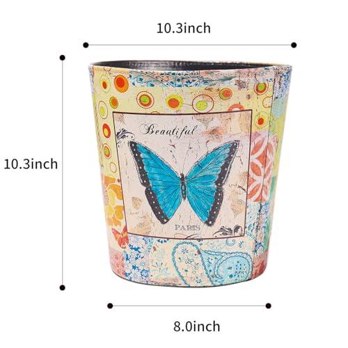 Image of PU Leather Small Trash Can Wastebasket, Round Garbage Container Basket for Bathrooms, Laundry Room, Kitchens, Offices, Kids Rooms, Bedrooms,Dorms,Home Decorative Art Bin, 2.9 Gallon(Blue Butterfly)