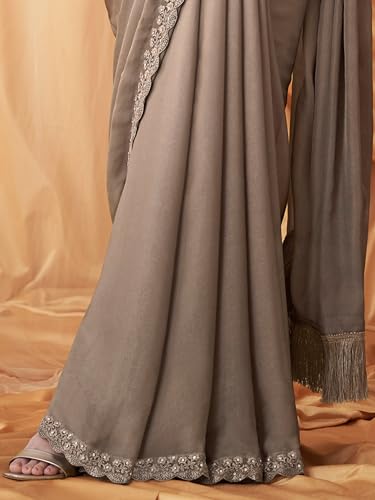 Image of AKHILAM Women's Georgette Embellished Saree With Unstitched Blouse Piece