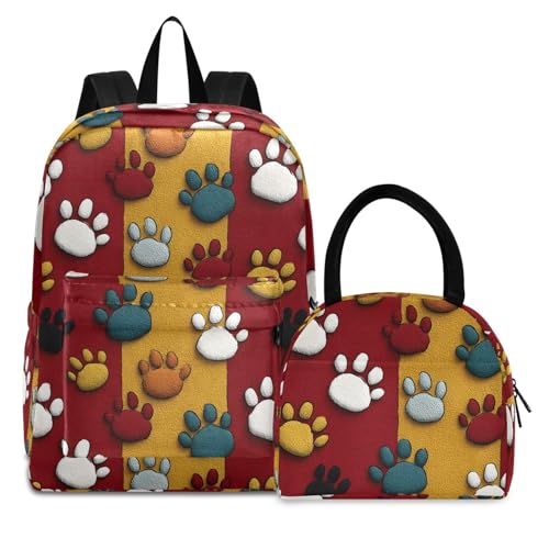 Paws Cartoon Print Backpack Set with Lunch Bag, Large Capacity Travel Backpacks and Lunch Box Insulated for Commute Hiking Picnic
