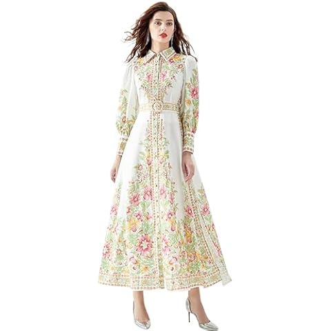 LAI MENG FIVE CATS Women's Floral Print Belt Maxi Dress Flowy Casual Button Up Split Long Dress Cover