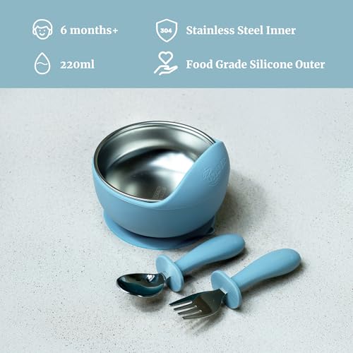 Image of Feeding Set of 4 for Kids | Suction Plate Bowl Spoon Fork Sippy Cup | BPA Free | Stainless Steel | Easy Grip | Non Spill | Self Feeding Set | Dishwasher Safe | 3 Colours (Ocean)