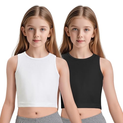 2 Pack Girls Tank Tops Cute Crop Tops for Teen Kids Ribbed Knit Athletic Dance Basic Top Size 5-14 Years