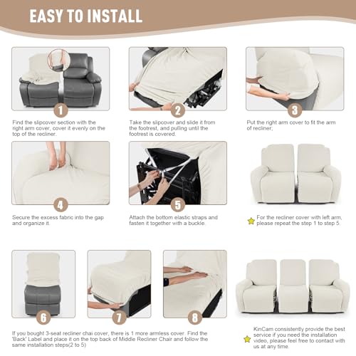 Image of KinCam Recliner Covers, Stretch Reclining Chair Covers, Recliner Sofa Slipcovers Stripe Jacquard Recliner Couch Covers Furniture Protector Covers for Pet Kid (3 Seater, Cream)