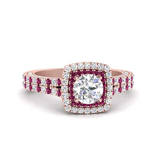 Image of 55Carat Choose Your Gemstone Double Band Square Halo Diamond CZ Ring 18K Rose Gold Plated Round Shape Halo Engagement Rings Everyday Jewelry Wedding Jewelry Handmade Gifts for Wife US Size 4 to 12