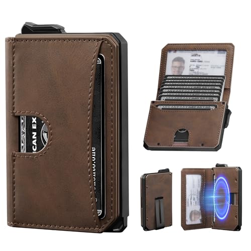 iwantit Pop Up Wallet for Men, Minimalist Wallet RFID Blocking with Money Clip & ID Window, Metal Aluminum Mens Wallet, Bifold Slim Credit Card Holder Magnetic Closure Smart, Gift for Men(Brown)