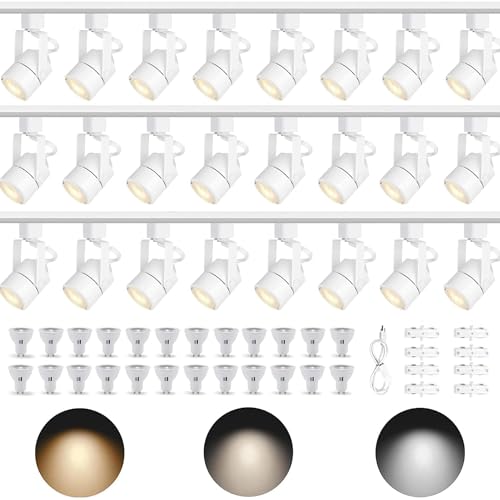 Image of GU10 LED 3CCT White Track Lighting Kit 3000K /4000K /6000K Adjustable with 26FT H-Type Track Light Rails, 24PCS Ceiling Spotlight Fixture with Replaceable GU10 Bulbs