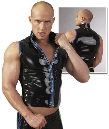 Latex Gilet zippé/Haut Moulant Noir/Bleu - Taille L