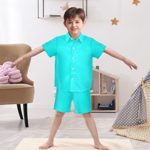 Image of 3T Toddler Boy Shorts Set Teal Hawaiian Button Down Shirts Summer Outfits for Little Boy