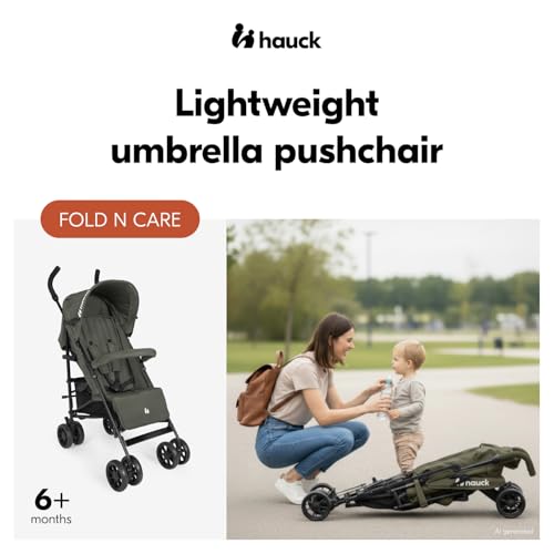 Hauck Fold N Care, Olive - Lightweight Umbrella Pushchair with Raincover from 6 Months to 22 kg, Lie Flat, Compact Fold, Sun Canopy UPF 50+, EVA Wheels, Large Basket, Travel Stroller
