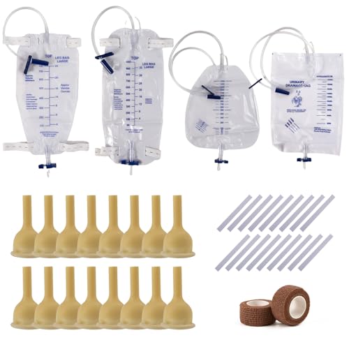 Condom Catheters for Elderly Men Age 80, External Catheter for Men Set Overnight-24Pcs Latex Condoms,750ml & 1000ml Leg Bags for Days, 1500ml & 2000ml Urine Bags for Night, Quick and Easy Drainage