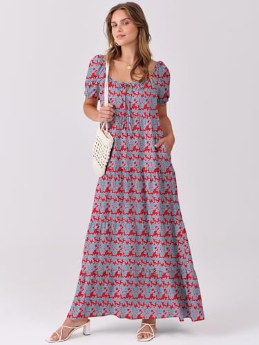 Image of ANRABESS Women's Boho Maxi Dresses 2025 Summer Casual Floral Puff Short Sleeve Tie Front Flowy Swing Tiered Long Beach Dress