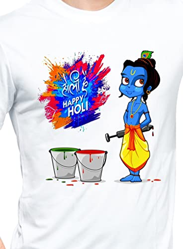 Image of Knitted Polycotton Fabric Regular Fit Men Boys Half Sleeve T-Shirt for Festival of Holi Style 19 White Size : Free