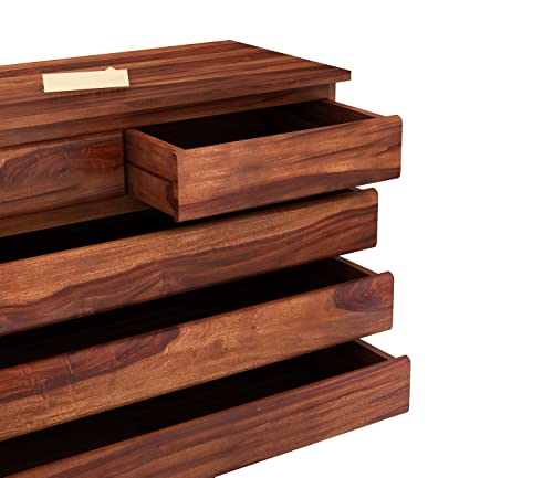Image of Sheesham Wood Chest of Drawers 5 Drawers Wooden Dresser with Storage Organizer for Bedroom Living Room Home (Honey Finish)