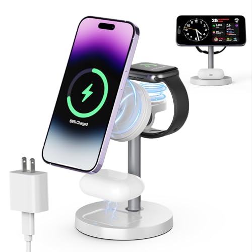 Image of 3 in 1 Wireless Charging Station Compatible with MagSafe, 15W Fast Charging Magnetic Mag-Safe Charger Stand for Apple iPhone 17 16 15 14 13 12Series Apple Watch AirPods Pro 4 3 2, Gifts for Men Women