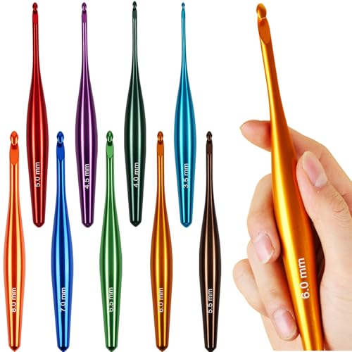 Svartur Crochet Hooks Ergonomic, 9Pcs Hand-Polished Aluminum Crochet Needles (3.5mm-8mm), Streamline Crochet Hooks for Arthritic Hands, Multicolored Metal Knitting Needles with Storage Case
