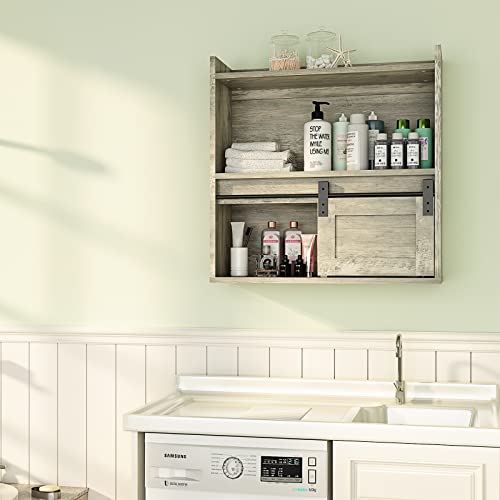 Bukfen Storage Cabinet, Wooden Wall Mounted With Half Sliding Barn Door, 3-Tier Decorative Farmhouse Vintage Cabinet For Kitchen Dining, Living Room (Gray) #TOP1