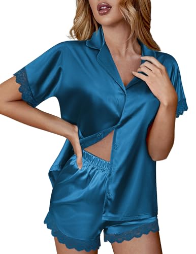 Image of Ekouaer Womens Lace Satin Pajama Set Button Down Pj Shorts Set Bridesmaids Getting Ready Outfits Casual Sleepwear XS-XXL