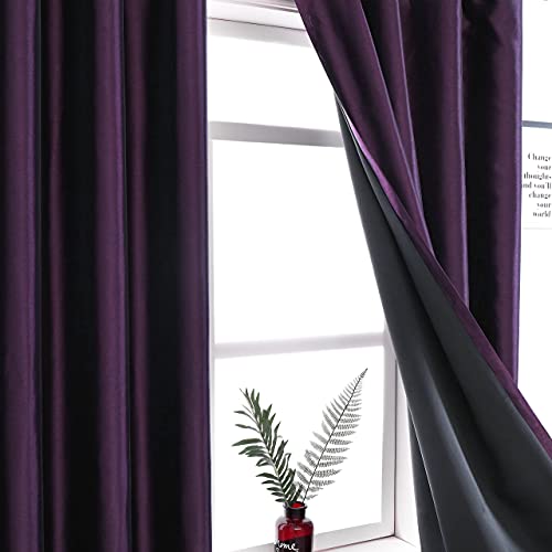 Image of GYROHOME Faux Silk Blackout Curtains with Black Liner, Solid Window Treatment Drapes for Bedroom Living Room, Thermal Insulated Ring Top (2Panels, 66x90inch,Purple)