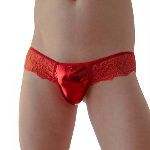 Men's Lingerie Sissy Panties Lace Tirm Bulge Pouch G-String Thongs Underwear with Garter, Red