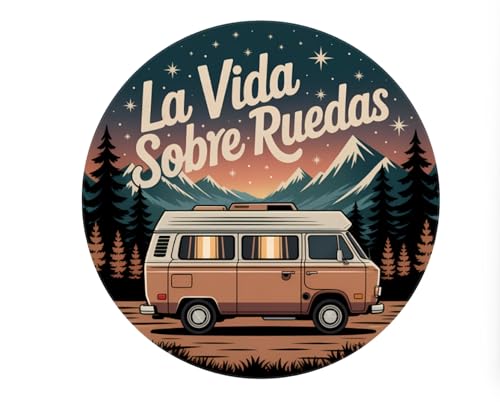 Pegatina Furgoneta Camper “La Vida Sobre Ruedas” – Vinilo Adhesivo Redondo – Sticker para Campervan – Impermeable, Exterior, Tintas Ecosolventes – Estilo Viaje y Libertad (11 x 11 cm)