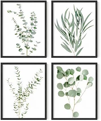 HAUS AND HUES Botanical Plant Wall Art Prints - Set of 4 Plant Wall Decor Prints Floral Kitchen Flower Leaves Wall Art Boho Leaf Eucalyptus Wall Decor Green Botanical Poster Set (11x14, Black Framed)