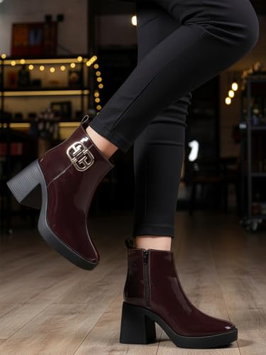 Image of ELLE Women's Glossy Platform Ankle Bootie Chunky Heel with Gold-Tone Emblem