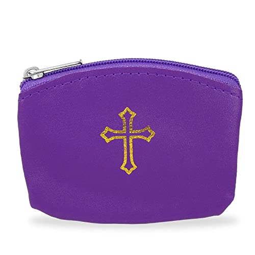 Violet Rosary Pouch with Zipper & Gold St. Thomas Cross Imprint | Compact Leatherette Rosary Case for Small to Medium Rosaries | Protective Travel Rosary Holder for Men & Women