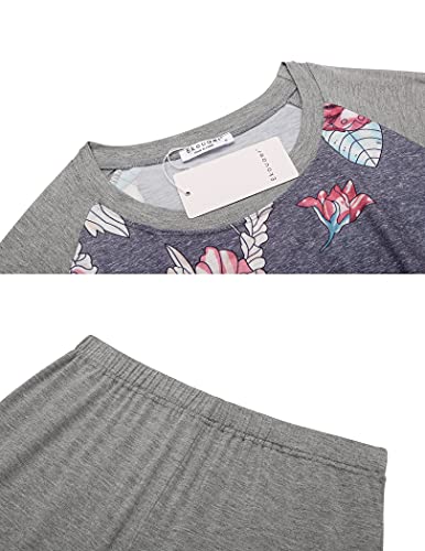 Ekouaer Maternity Nursing Pajamas Sleepwear Set Double Layers Botton Tops And Trousers Capris(Pink Floral L) #TOP4