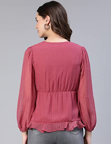 Image of oxolloxo Women Regular Fit Polyester Regular Sleeves Dobby Party Pink Top