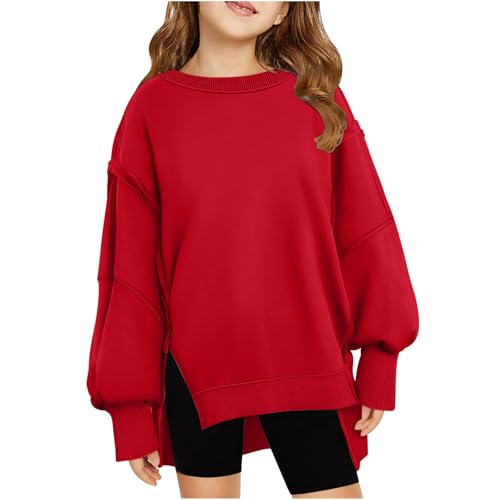 Girls Crewneck Sweatshirt Cute Oversized Long Sleeve Side Slit Hoodies Workout Fleece Pullover Tops 5-14 Years