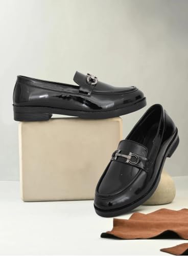 Image of VELTRIX Men's Premium Patent Leather Finish Formal Loafers | Horsebit Buckle Slip-On Shoes | Comfortable Office, Party, Wedding & Business Dress Shoes Aldo Plain Patent