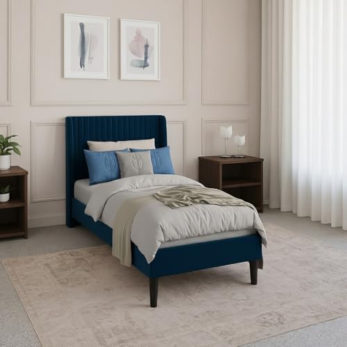 Image of Modern Upholstered Single Size Bed Without Storage | Single Size Bed for Bedroom with Headboard | Palang Furniture for Guest Room, Hotels and Home | Blue, (Blue)