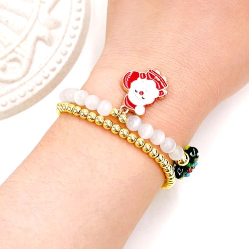 Image of 2 Christmas Couple Bracelets, Santa /Christmas Starfish /Christmas Tree Charm and 4mm Brass Beaded Stretch Bracelet for New Year Gifts for Family and Friends