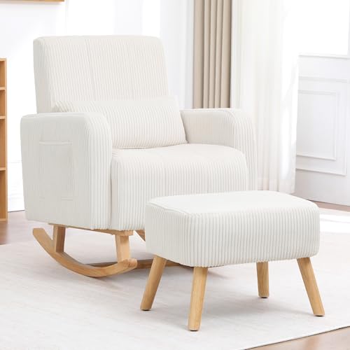 Image of HCHAIRH Rocking Chair with Nursery Ottoman, Corduroy Upholstered Glider Rocker with High Backrest and Side Pocket, Comfy Reading Chair with Solid Wood Legs, Living Room,Bedroom Beige