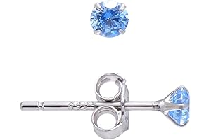 925 Sterling Silver Tiny Stud Earrings with 3MM Aquamarine Blue Cubic Zirconia