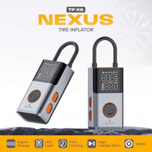 Image of Stellar Drive TP-X1 Tyre Inflator for Car, Bike, Motorcycle, Sports Ball | 70W Motor | Smart LCD Display | Auto Shut-Off | LED Flashlight | 12V Cordless Air Pump Compressor | 150 PSI