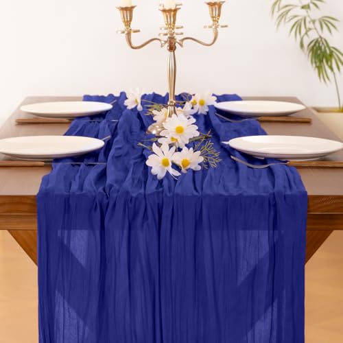 Image of Socomi Royal Blue Summer Cheesecloth Table Runner Boho Rustic Gauze 120 inch 10FT Cheese Cloth Sheer Runner for Wedding Party Baby Shower Birthday Home Decor Holiday Decorations