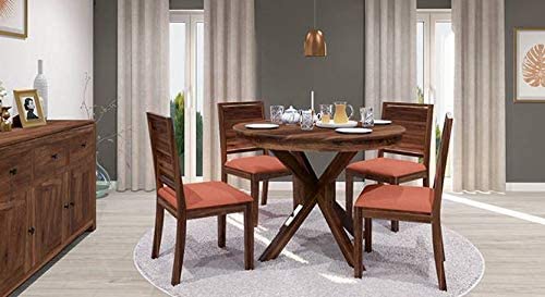 Krishna Wood Decor Solid Sheesham Teak Wood Round Dining Table 4 Seater with Chairs Sets || Round Dining Table 4 Seater Wooden || Dining Table 4 Seater Set || Dining Room Sets ||