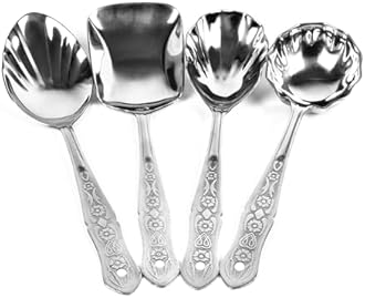 ESTOILE Stainless Steel Serving Spoon Set for Dining | Spatula Set - 1 Ladle Karchi, 2 Solid Spoons Chamcha, and 1 Rice Spoon (Set of 4) (25 Centimeter)