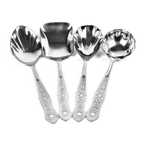 ESTOILE Stainless Steel Serving Spoon Set for Dining | Spatula Set - 1 Ladle Karchi, 2 Solid Spoons Chamcha, and 1 Rice Spoon (Set of 4) (25 Centimeter)