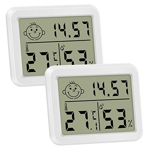 Thermometer Hygrometer Thermometer für Innenräume Uhr Thermometer Innen Digitales Hygrometer Innen Luftfeuchtigkeitsmesser Innen Zimmerthermometer für Lnnenräume Babyzimmer Wohnzimmer 2 Stück Cover