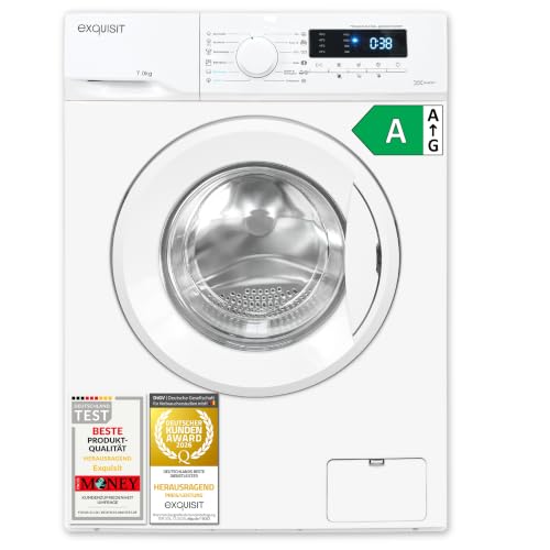 Exquisit Waschmaschine | 7 kg Nennkapazität, Energieeffizienzklasse A, 1400 U/Min, 76 dB(A) | kompakte Bauform, 12 Programme, Eco 40-60, Kurzprogramm, Startzeitverzögerung | WA57014-020A weiss