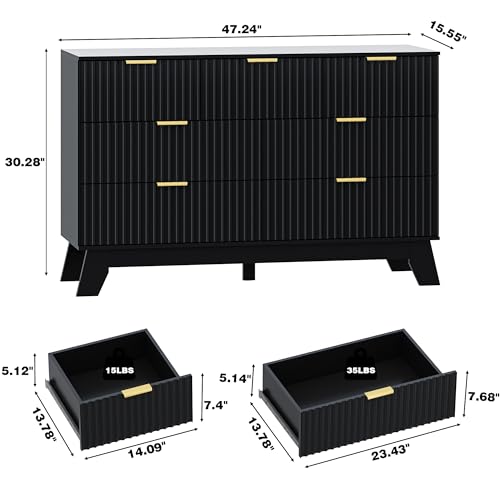 Image of HUANLEGO 48 inch W Fluted Dresser for Bedroom with 7 Drawers, Black | Mid Century Modern Dressers & Chest of Drawers, Boho Dresser for Closet, 7 Drawer Storage TV Stand for Bedroom