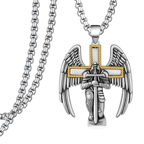 St. Michael Pendant for Men - 925 Sterling Silver Cross Archangel Necklace - Saint Michael the Archangel Jewelry - Catholic Gift for Him - 22+2