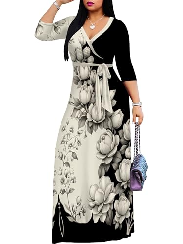 Image of PinkPatty Plus Size Maxi Dresses for Women Casual Flowy Long Dress 3 /4 Sleeve V Neck Wrap Dress with Belt
