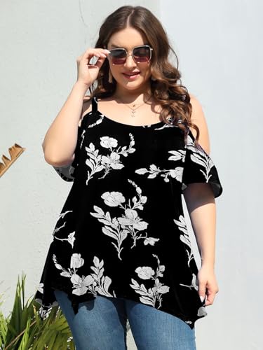 Image of LARACE Cold Shoulder Tops for Womens Summer Clothes Spaghetti Strape Tunic Oversized Shirts Asymmetrical Plus Size Blouse